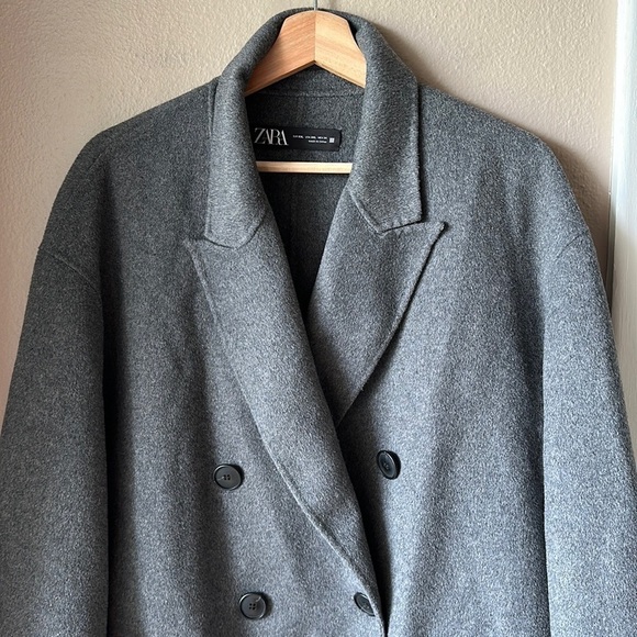 ZARA Women’s Oversized Wool Blend Gray Double Breasted Trench Coat - Picture 6 of 13